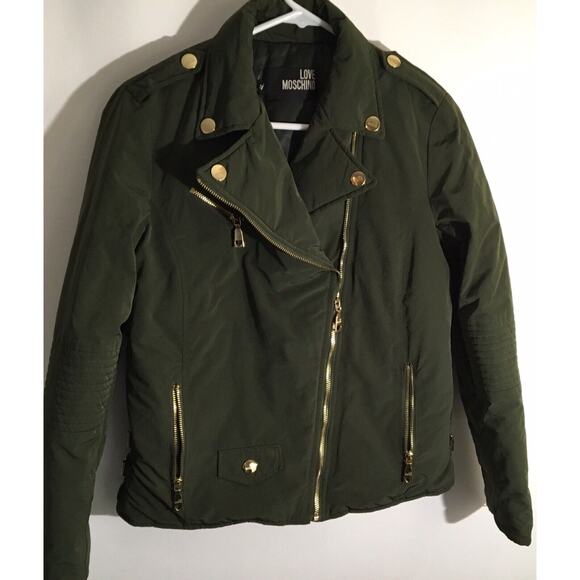 Love Moschino Women's Size 6 Olive Green Nylon Moto Biker Style Zipper Jacket - Picture 3 of 6